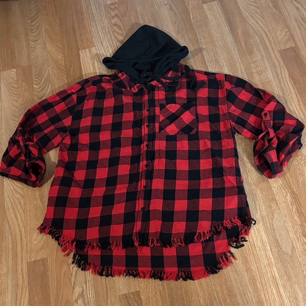 Red and Black Plaid Hooded Shirt Roll Tab Sleeve Full Zip and Button 100% Cotton
